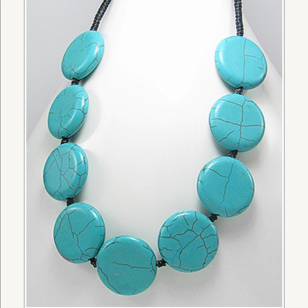 Turquoise Discs Necklace Brown Cotton Cord‎